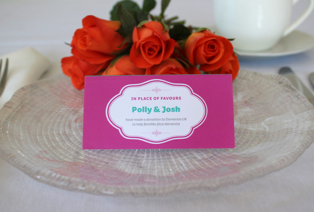 Wedding favour cards: Dementia UK colours