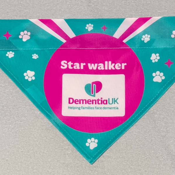 Dementia UK branded blue dog bandana star walker